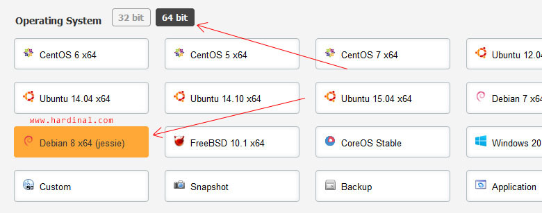 Pilih 64 bit dan Debian 8 (jessie)