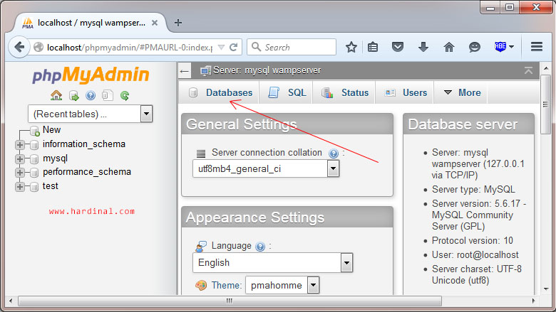 phpmyadmin wamp database menu